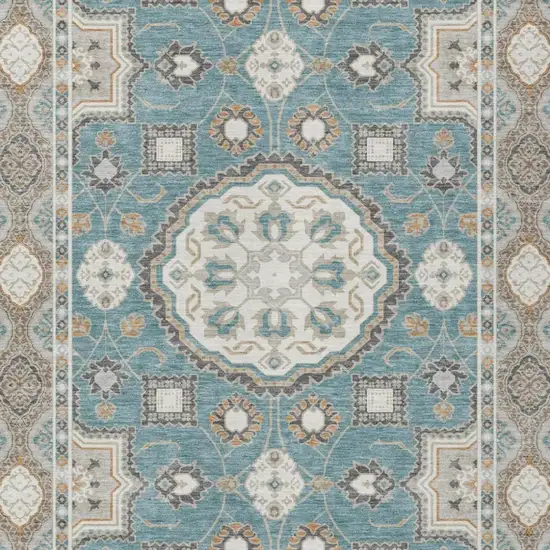 Teal Blue And Silver Floral Medallion Washable Indoor Outdoor Area Rug Photo 1