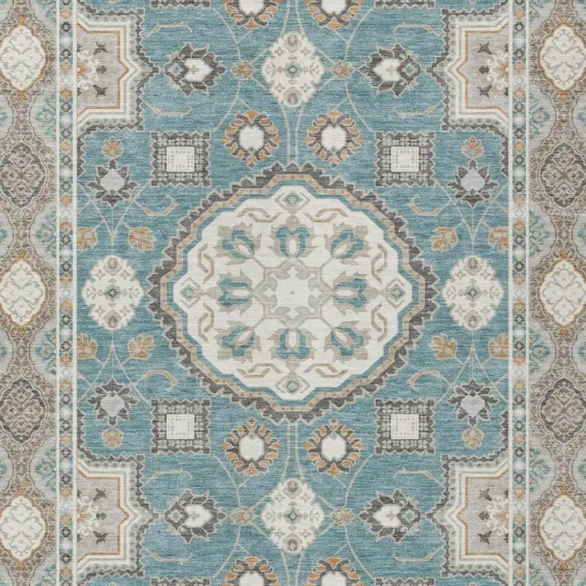 Teal Blue And Silver Floral Medallion Washable Indoor Outdoor Area Rug Photo 1