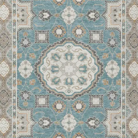 Teal Blue And Silver Floral Medallion Washable Indoor Outdoor Area Rug Photo 1