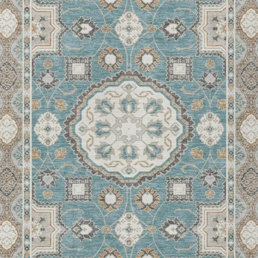 Teal Blue And Silver Floral Medallion Washable Indoor Outdoor Area Rug Photo 1