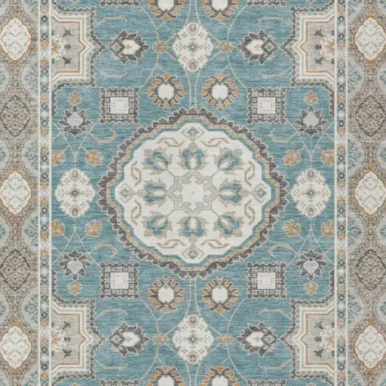 Teal Blue And Silver Floral Medallion Washable Indoor Outdoor Area Rug Photo 3