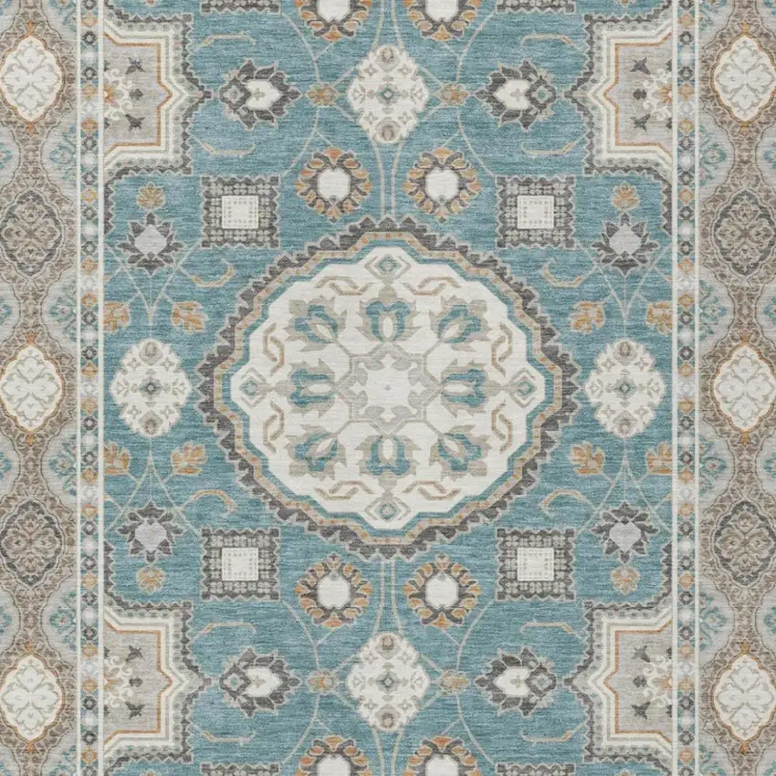 Teal Blue And Silver Floral Medallion Washable Indoor Outdoor Area Rug Photo 3
