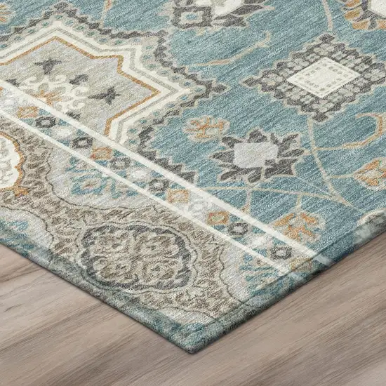 Teal Blue And Silver Floral Medallion Washable Indoor Outdoor Area Rug Photo 4