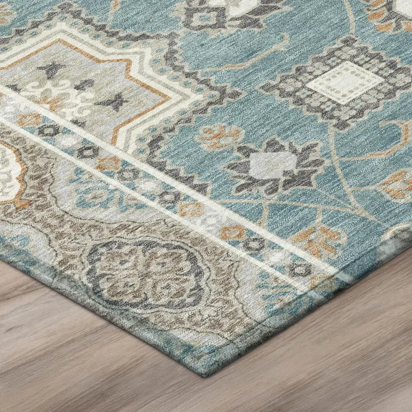 Teal Blue And Silver Floral Medallion Washable Indoor Outdoor Area Rug Photo 4
