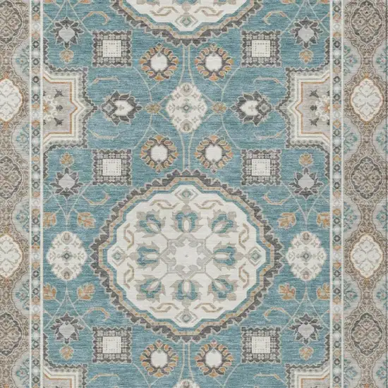 Teal Blue And Silver Floral Medallion Washable Indoor Outdoor Area Rug Photo 2