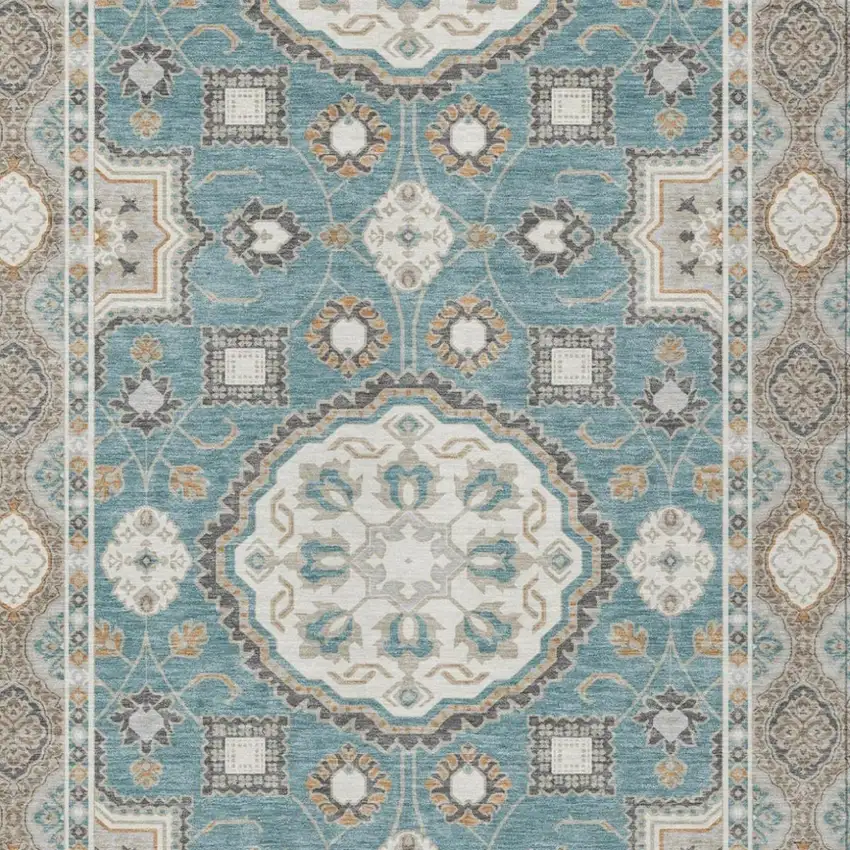 Teal Blue And Silver Floral Medallion Washable Indoor Outdoor Area Rug Photo 2