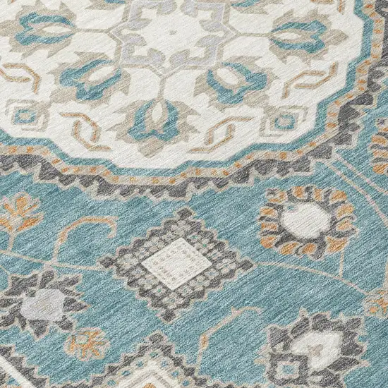 Teal Blue And Silver Floral Medallion Washable Indoor Outdoor Area Rug Photo 5