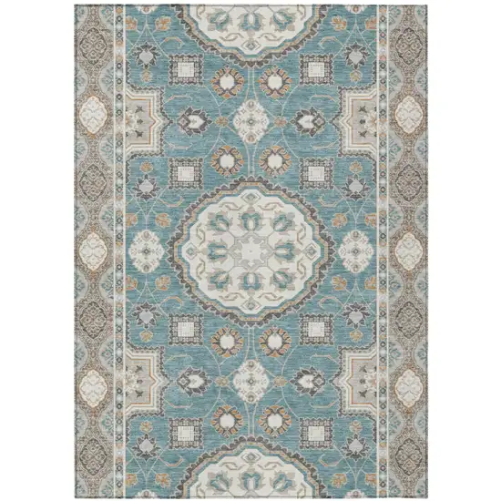 Teal Blue And Silver Floral Medallion Washable Indoor Outdoor Area Rug Photo 1