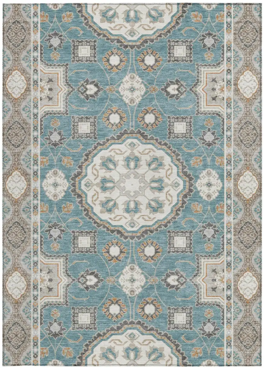 Teal Blue And Silver Floral Medallion Washable Indoor Outdoor Area Rug Photo 3