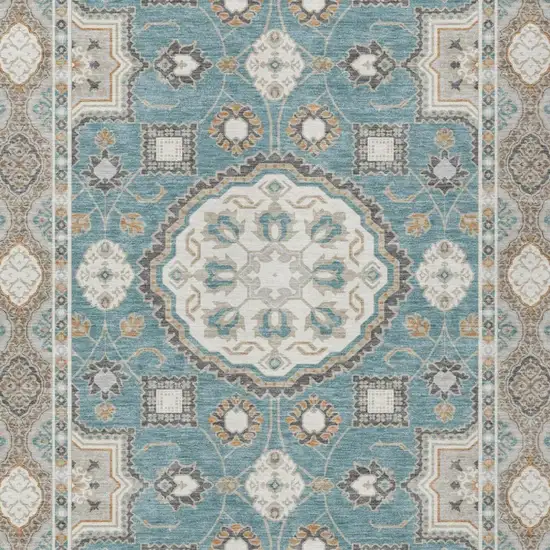 Teal Blue And Silver Floral Medallion Washable Indoor Outdoor Area Rug Photo 1
