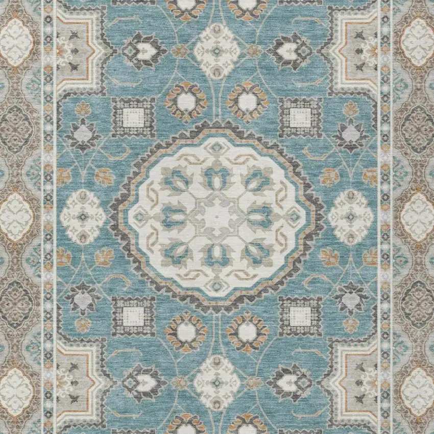 Teal Blue And Silver Floral Medallion Washable Indoor Outdoor Area Rug Photo 1