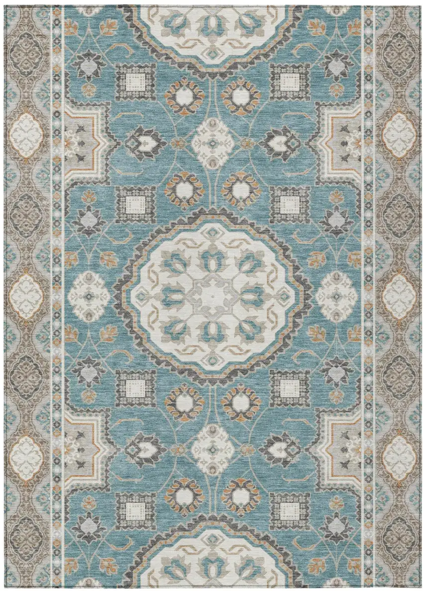 Teal Blue And Silver Floral Medallion Washable Indoor Outdoor Area Rug Photo 2