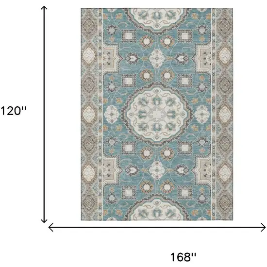 Teal Blue And Silver Floral Medallion Washable Indoor Outdoor Area Rug Photo 6