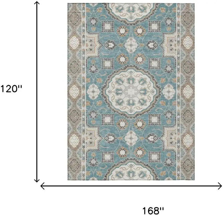 Teal Blue And Silver Floral Medallion Washable Indoor Outdoor Area Rug Photo 6