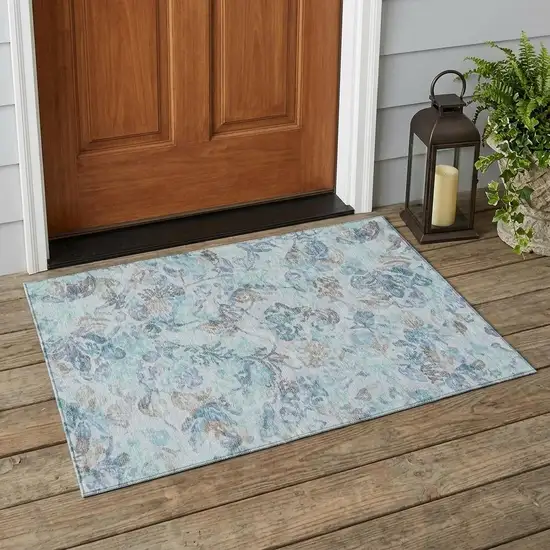 Teal Blue And Silver Floral Washable Indoor Outdoor Area Rug Photo 1