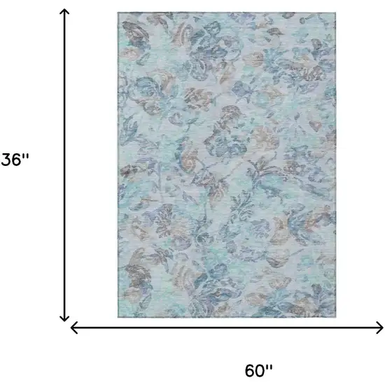 Teal Blue And Silver Floral Washable Indoor Outdoor Area Rug Photo 7