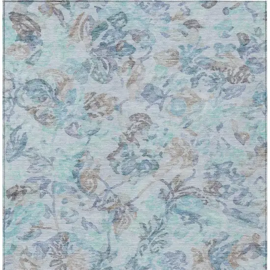 Teal Blue And Silver Floral Washable Indoor Outdoor Area Rug Photo 4