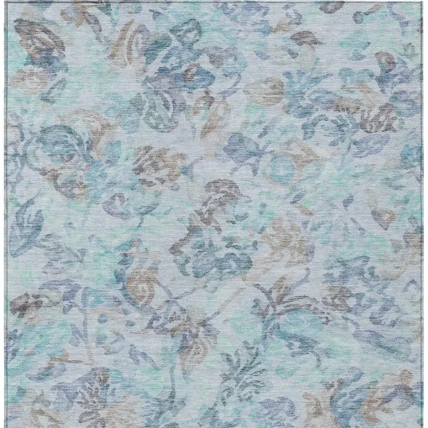 Teal Blue And Silver Floral Washable Indoor Outdoor Area Rug Photo 4