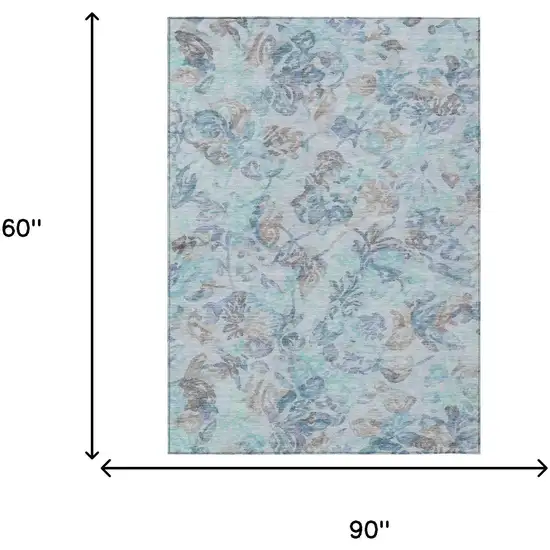 Teal Blue And Silver Floral Washable Indoor Outdoor Area Rug Photo 7