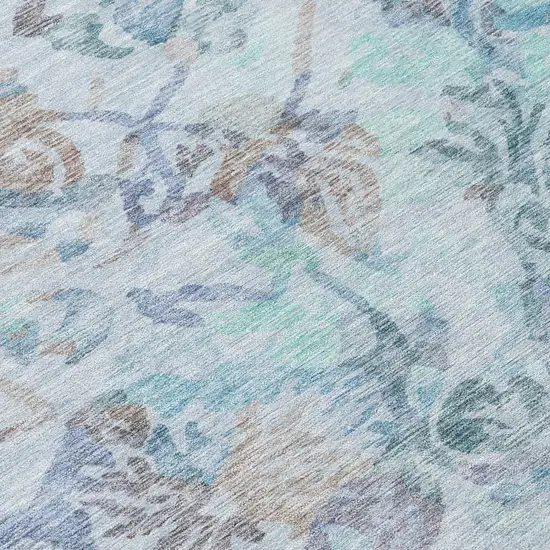 Teal Blue And Silver Floral Washable Indoor Outdoor Area Rug Photo 6
