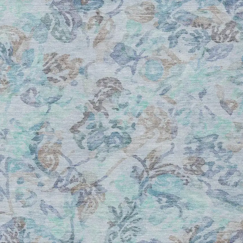 Teal Blue And Silver Floral Washable Indoor Outdoor Area Rug Photo 3