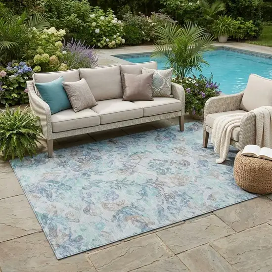 Teal Blue And Silver Floral Washable Indoor Outdoor Area Rug Photo 1