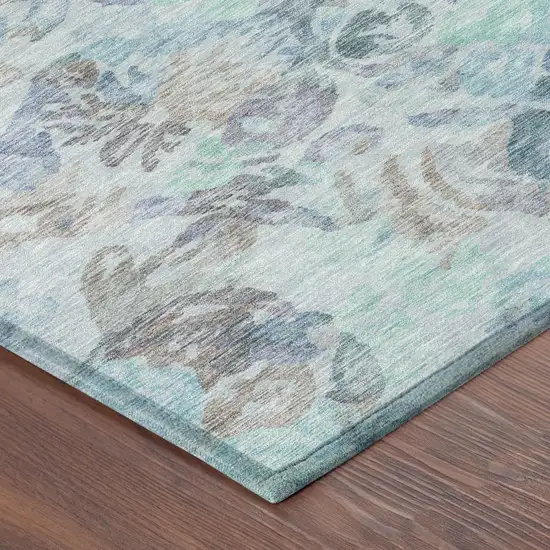 Teal Blue And Silver Floral Washable Indoor Outdoor Area Rug Photo 5