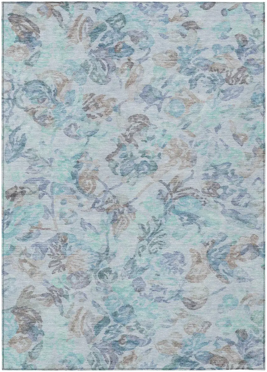 Teal Blue And Silver Floral Washable Indoor Outdoor Area Rug Photo 2