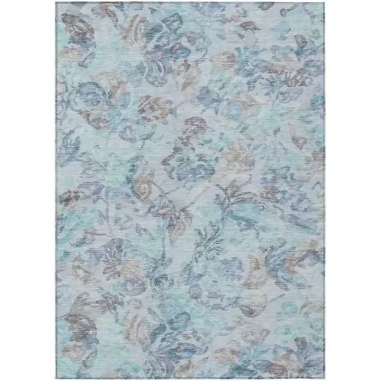 Teal Blue And Silver Floral Washable Indoor Outdoor Area Rug Photo 2