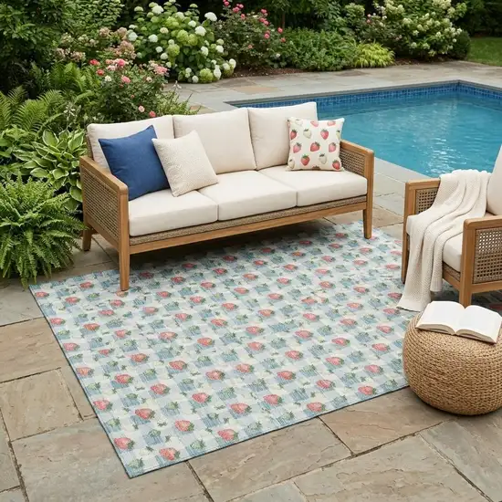 Teal Blue And Silver Floral Washable Indoor Outdoor Area Rug Photo 1