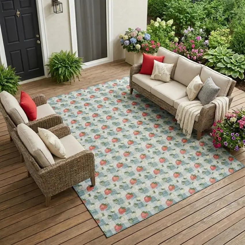 Teal Blue And Silver Floral Washable Indoor Outdoor Area Rug Photo 1