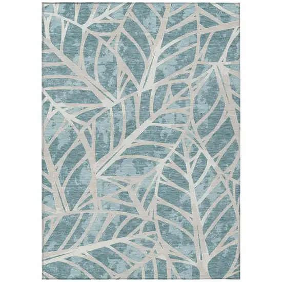 Teal Blue And Silver Floral Washable Indoor Outdoor Area Rug Photo 2