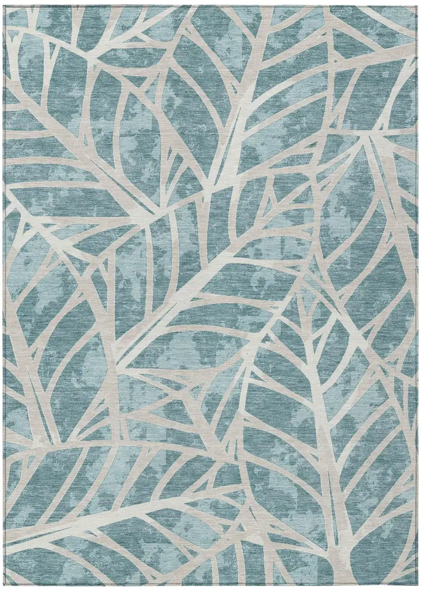 Teal Blue And Silver Floral Washable Indoor Outdoor Area Rug Photo 2