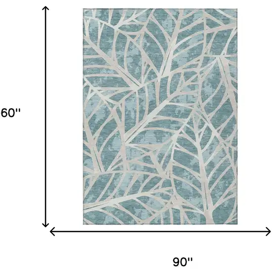 Teal Blue And Silver Floral Washable Indoor Outdoor Area Rug Photo 5