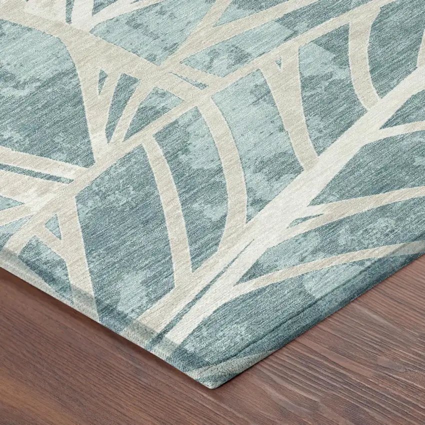 Teal Blue And Silver Floral Washable Indoor Outdoor Area Rug Photo 3