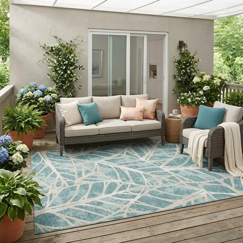 Teal Blue And Silver Floral Washable Indoor Outdoor Area Rug Photo 1