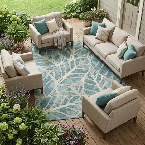 Teal Blue And Silver Floral Washable Indoor Outdoor Area Rug Photo 1