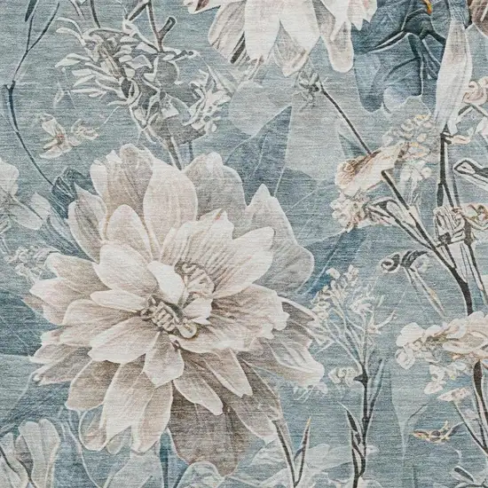 Teal Blue And Silver Floral Washable Indoor Outdoor Area Rug Photo 6