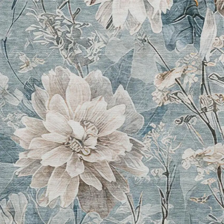 Teal Blue And Silver Floral Washable Indoor Outdoor Area Rug Photo 6