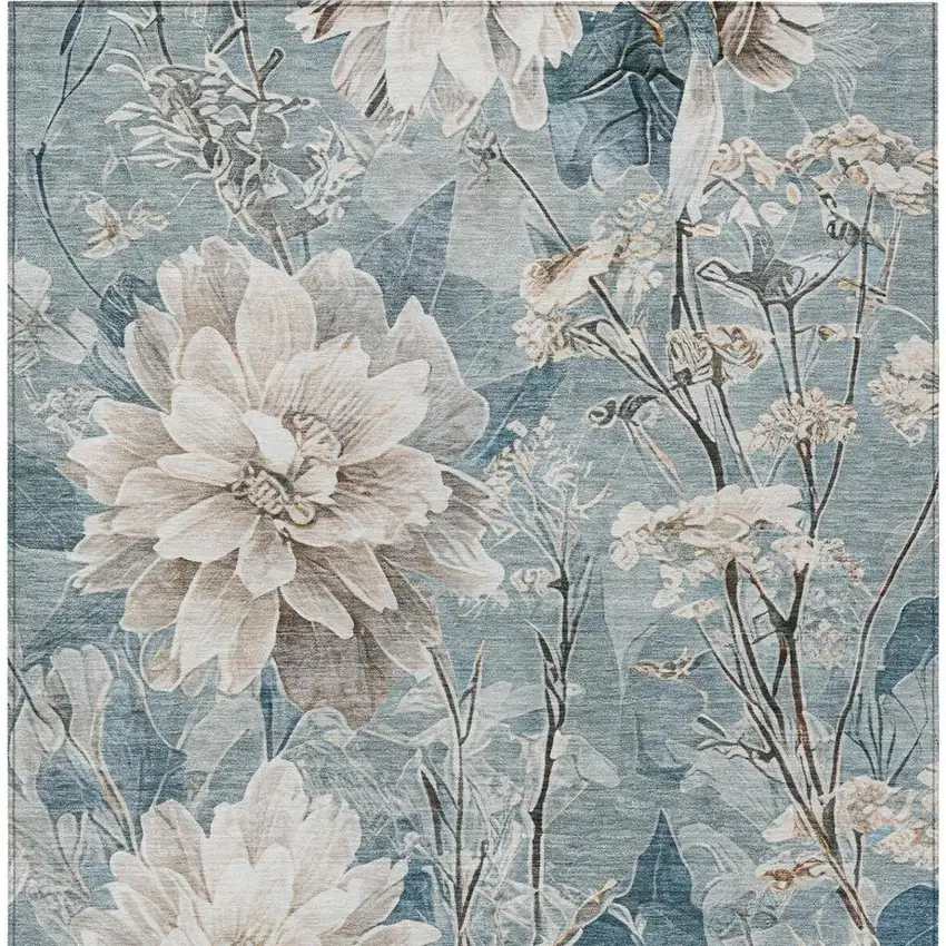 Teal Blue And Silver Floral Washable Indoor Outdoor Area Rug Photo 8