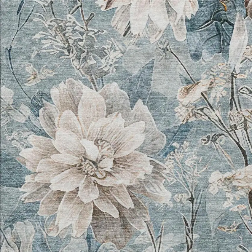 Teal Blue And Silver Floral Washable Indoor Outdoor Area Rug Photo 7