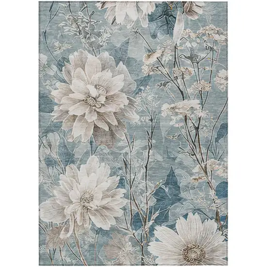 Teal Blue And Silver Floral Washable Indoor Outdoor Area Rug Photo 3