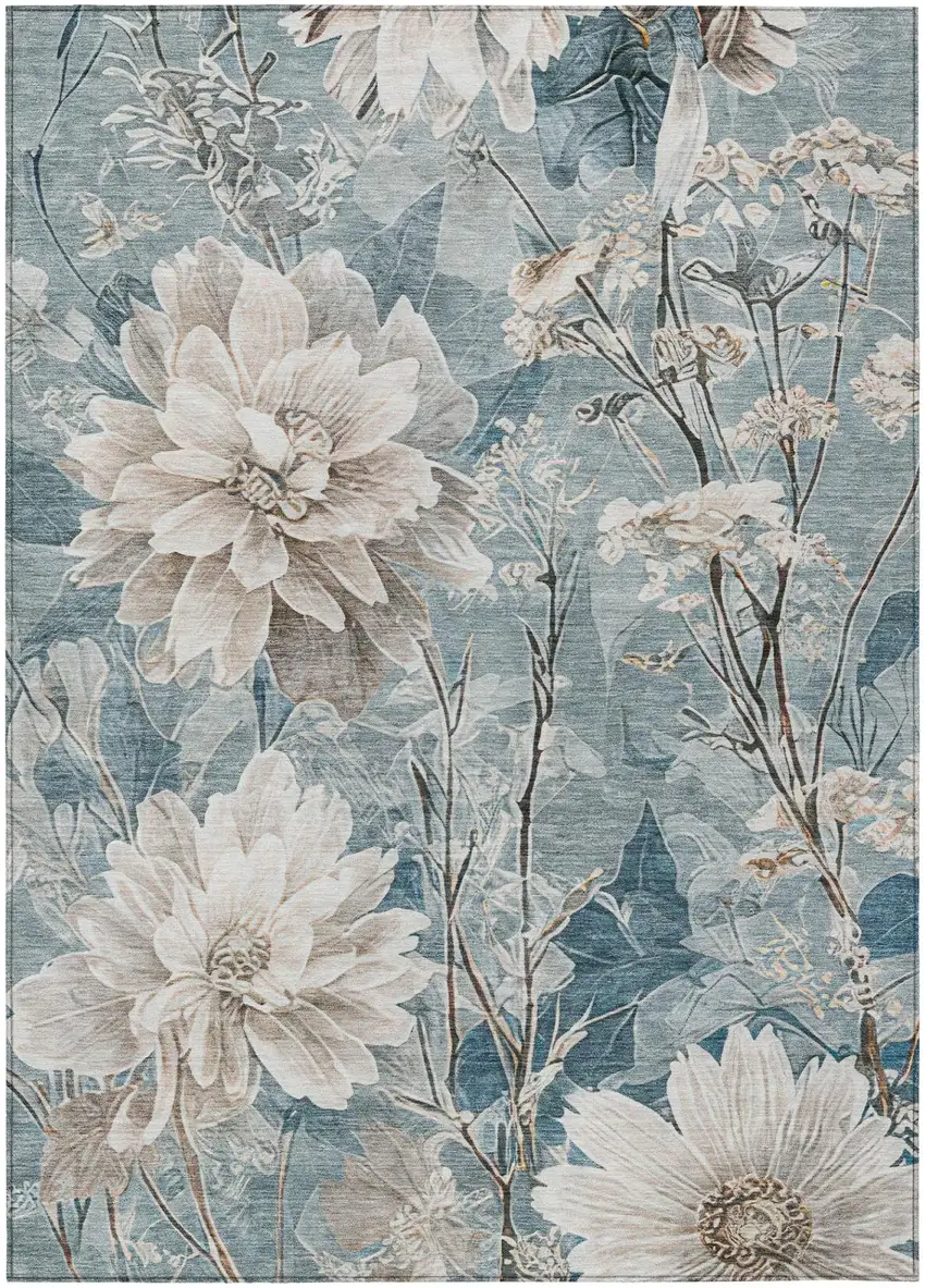 Teal Blue And Silver Floral Washable Indoor Outdoor Area Rug Photo 3
