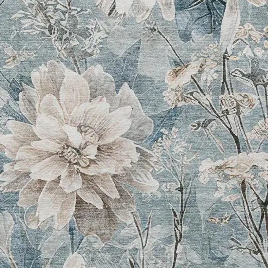 Teal Blue And Silver Floral Washable Indoor Outdoor Area Rug Photo 9