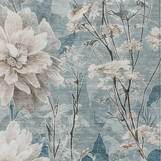 Teal Blue And Silver Floral Washable Indoor Outdoor Area Rug Photo 5
