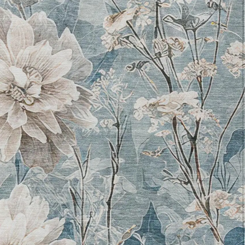 Teal Blue And Silver Floral Washable Indoor Outdoor Area Rug Photo 5