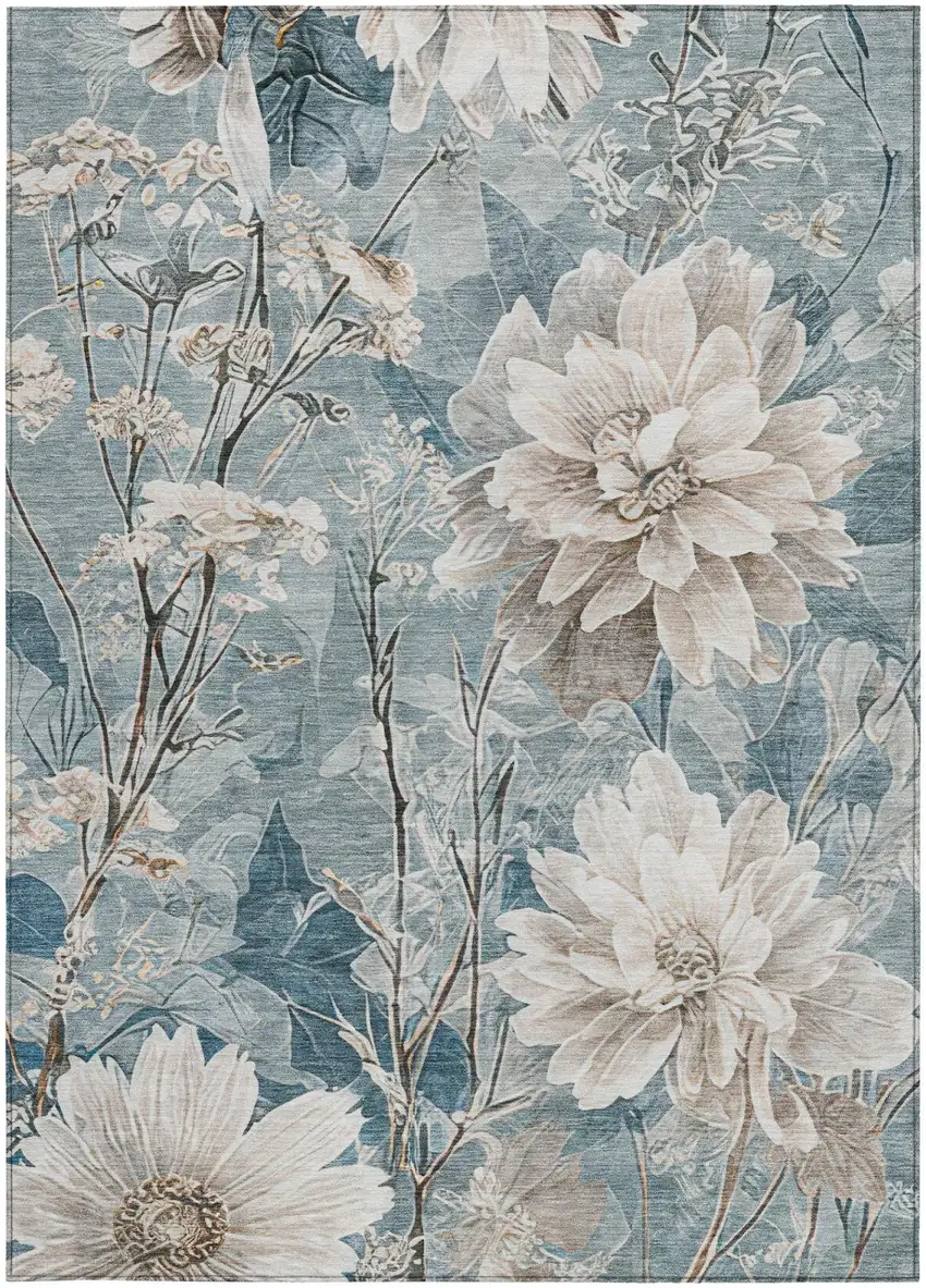 Teal Blue And Silver Floral Washable Indoor Outdoor Area Rug Photo 2