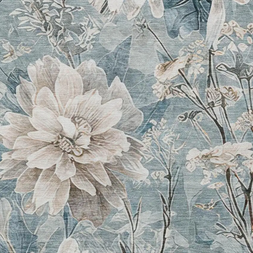 Teal Blue And Silver Floral Washable Indoor Outdoor Area Rug Photo 4
