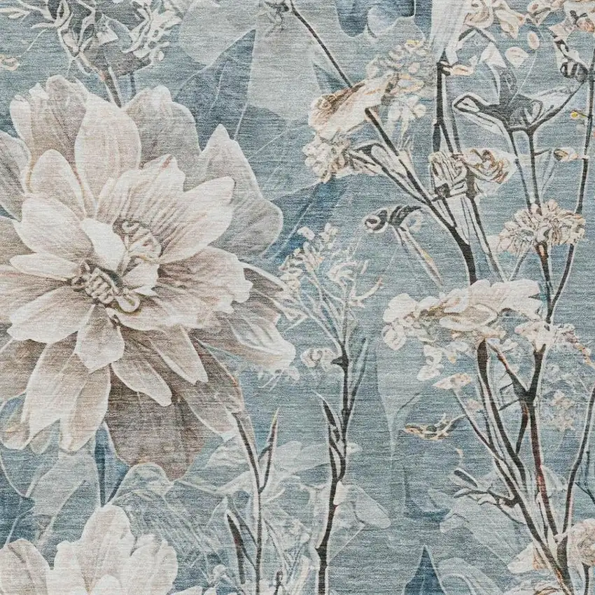 Teal Blue And Silver Floral Washable Indoor Outdoor Area Rug Photo 1