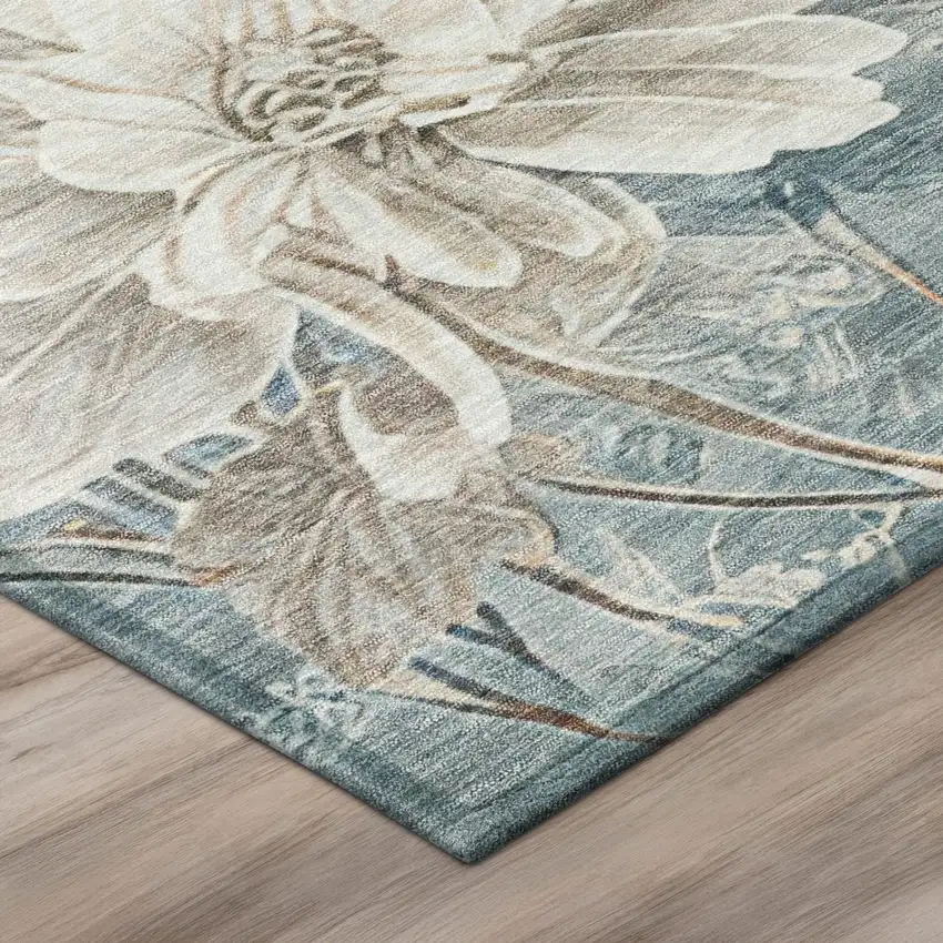 Teal Blue And Silver Floral Washable Indoor Outdoor Area Rug Photo 8